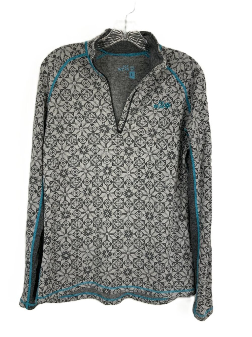 Icewear Nordic Merino Wool Base Layer Ski Pullover Grey Blue 1/4 Zip L